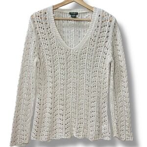 Eddie Bauer Ivory Open Knit Crochet V Neck Long Sleeve Sweater Women's S Boho